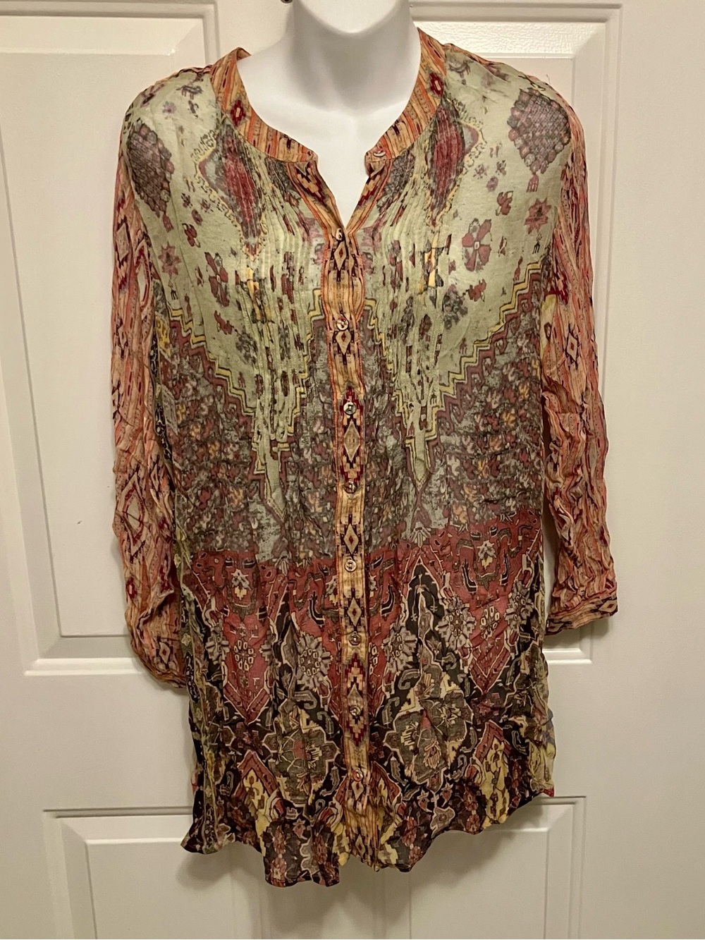 Soft Surroundings Size S Floral Paisley Button Up Shirt Tunic Green Brown Multi
